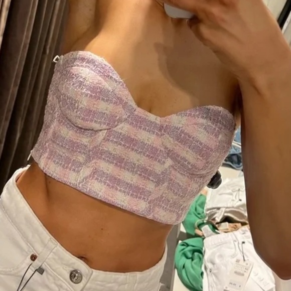 Zara woman’s pink/purple texture plaid corset tweed tube crop top - Picture 1 of 16